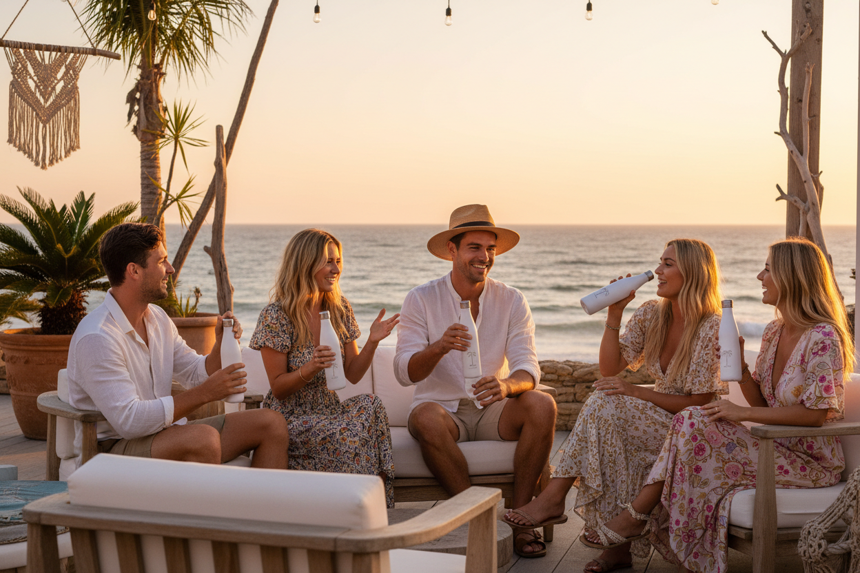 20 somethings in montauk with surf lodge style drinking from white 20oz stainless steel water bottles that look like the love island water bottles exactly