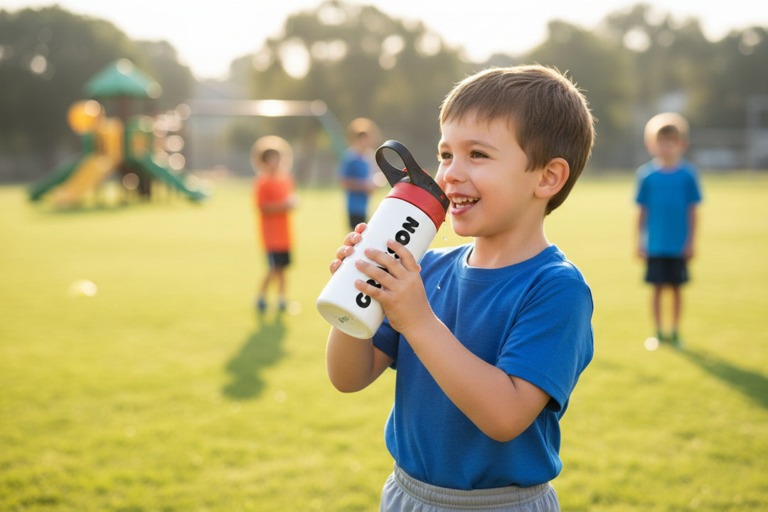 White water bottle with red lid and 'GRAYSON' printed on it