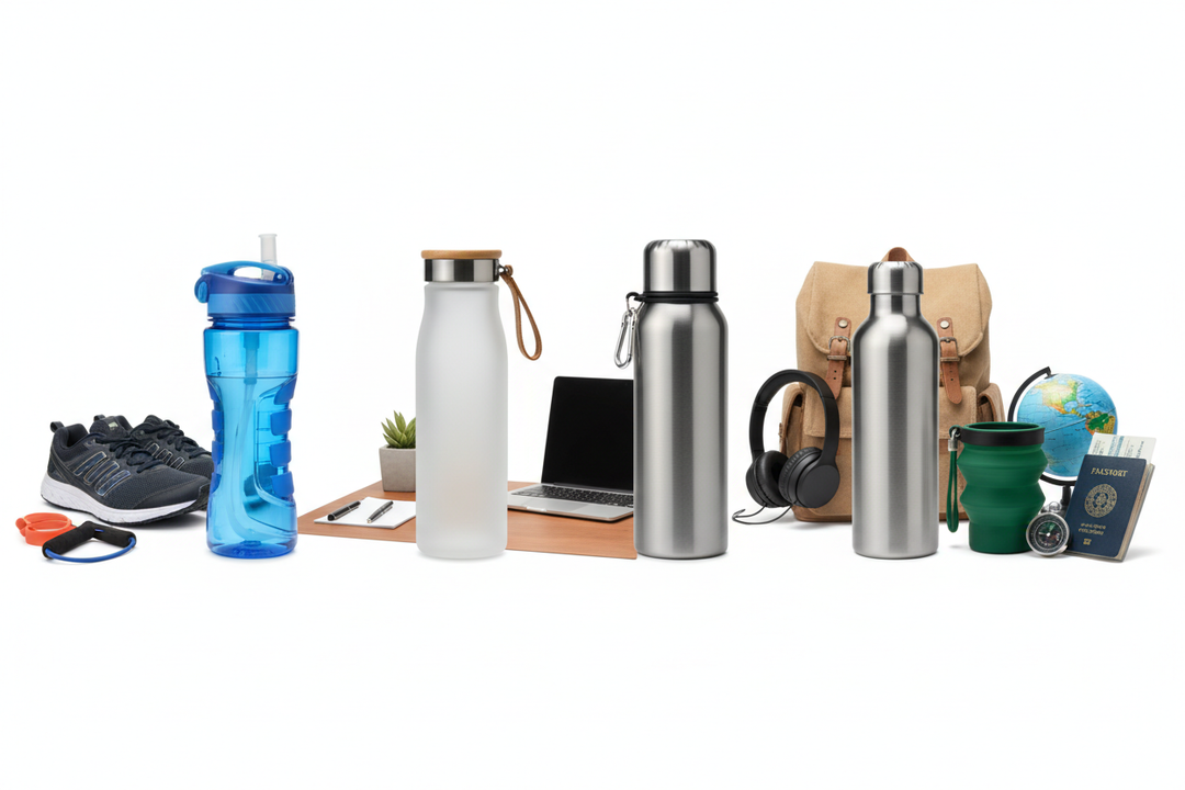 Collection of different water bottles for various lifestyles - sports water bottle for athlete, professional bottle for office worker, stainless steel for commuter, portable bottle for traveler on white background