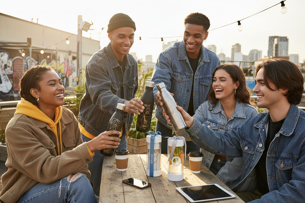 cool gen z kids with love island official water bottles 
