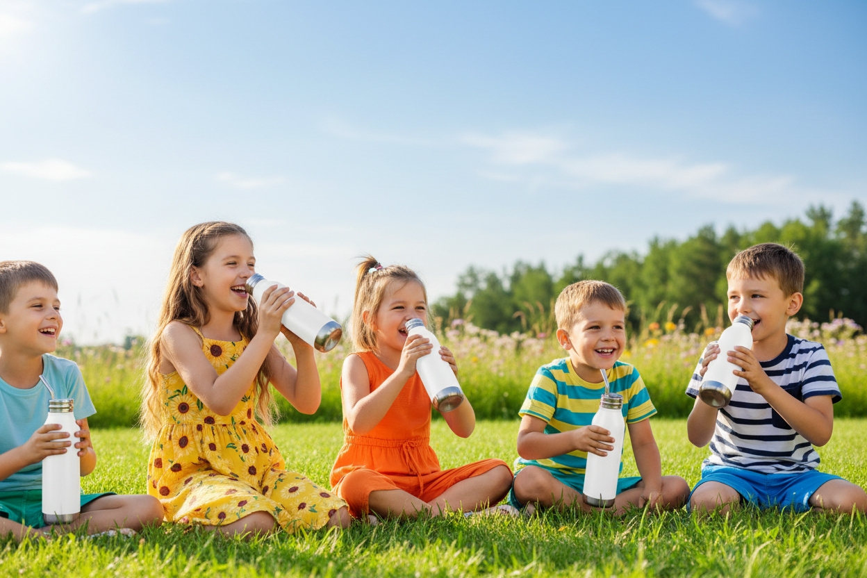 kids drinking from stainlesss steel white waterbottles in the summer