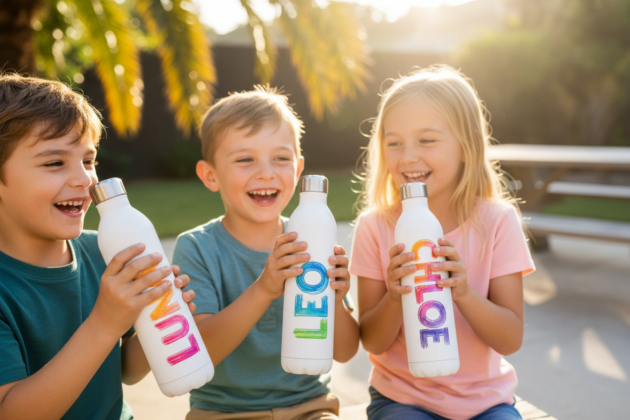 kids drinking out of a stainless steel white kids water bottle with their names on them in infusible ink running up and down the bottle