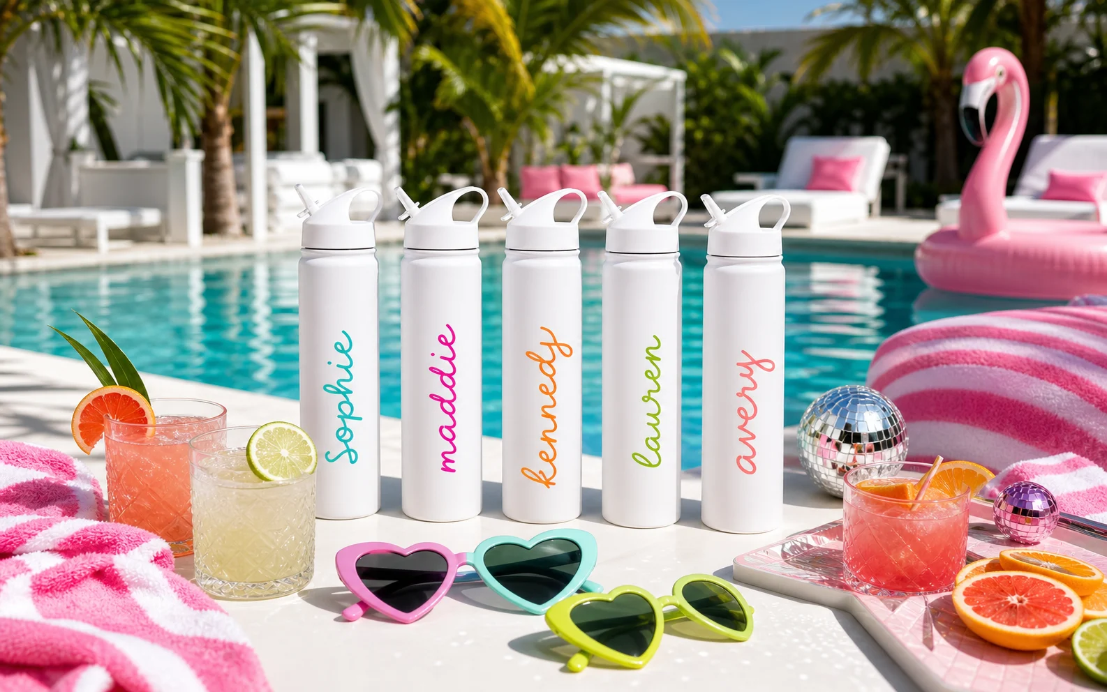 White custom flip-straw bottles with colorful vertical names at a Miami-style pool party